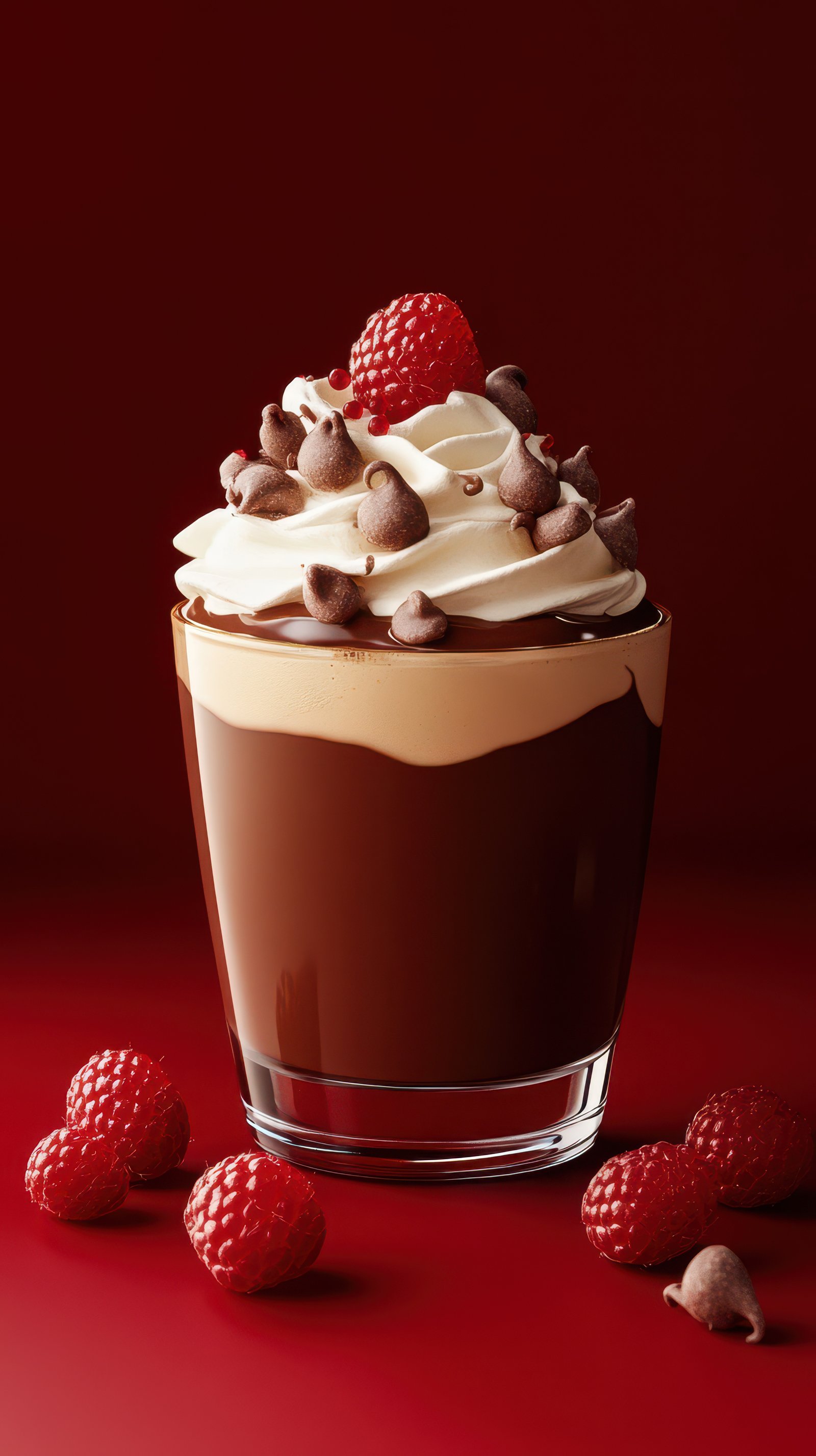 Decadent chocolate dessert topped with whipped cream and raspberries in an elegant glass